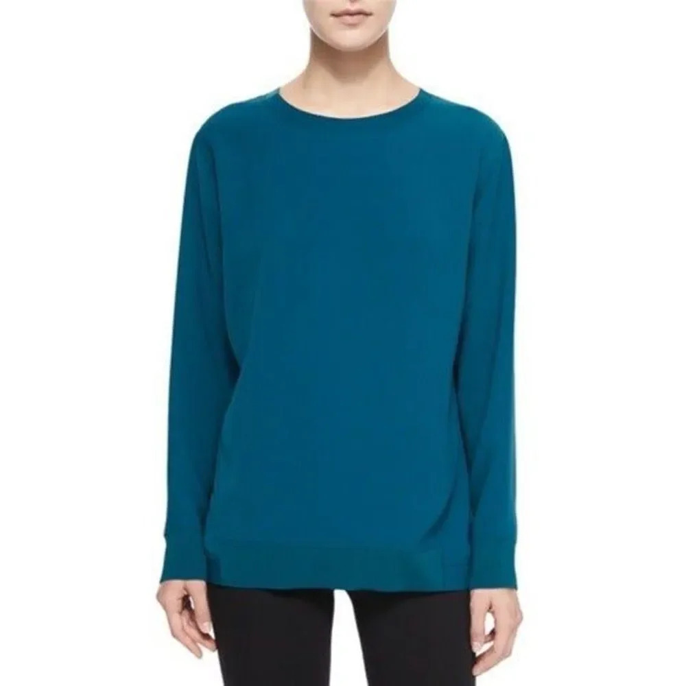 Vince Teal Blue Crew Ribbed Neck Inverted Pleat Crepe Pullover Sweater XXS